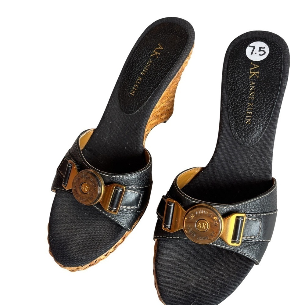 Anne Klein Black and Tan Wedge Mules Leather  size 7.5 - Picture 2 of 9